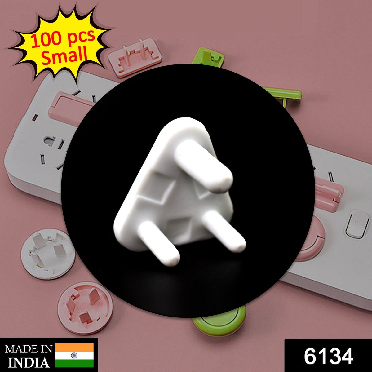 A single white plastic child safety socket cover in a black circle, surrounded by pink and green power strips.