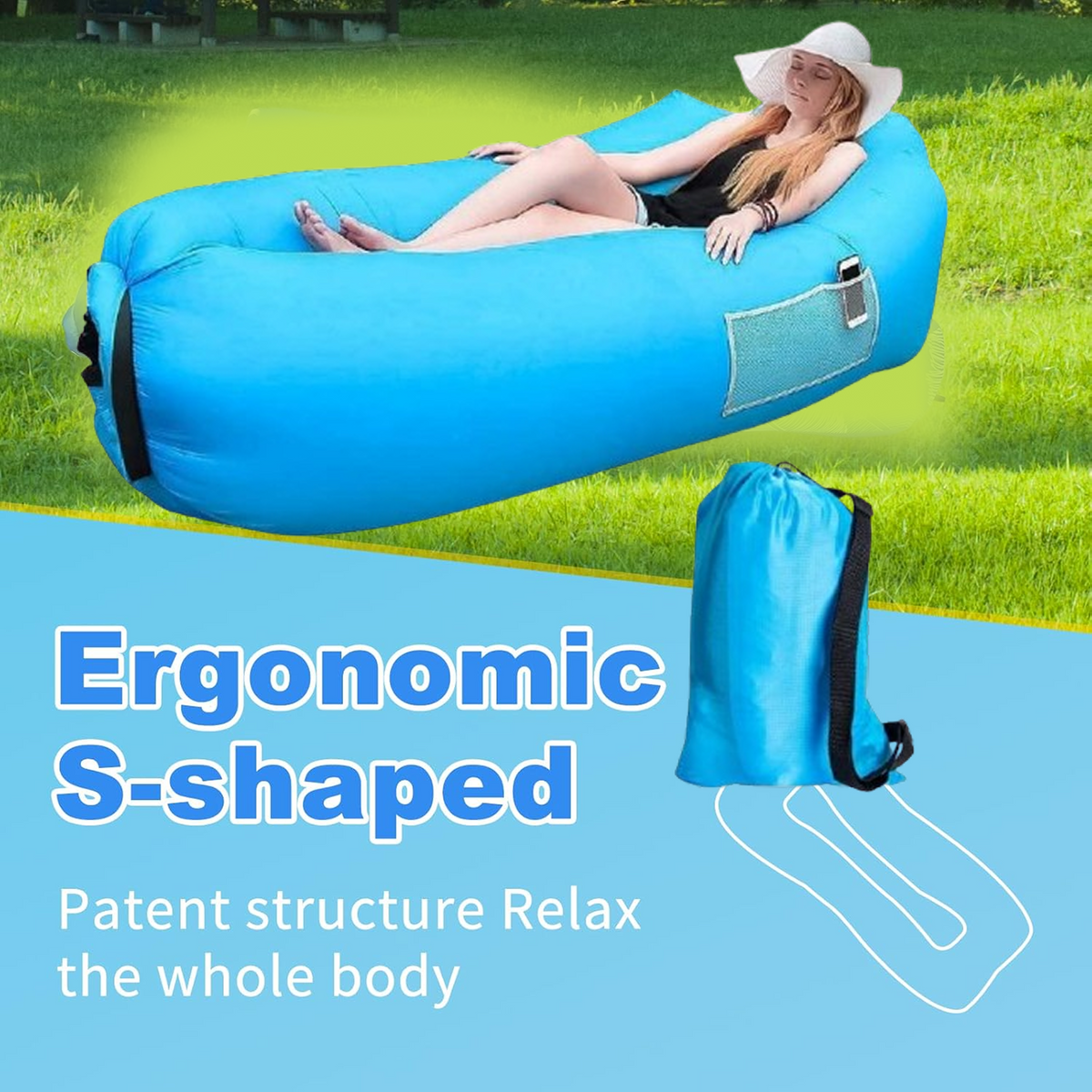 A woman lounges on an ergonomic S-shaped blue inflatable lounger with a carry bag nearby, on a blue and green background.