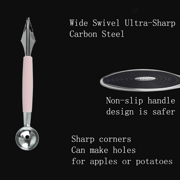 A pink-handled fruit tool is shown with text describing its carbon steel, non-slip handle, and sharp corners for coring.