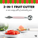 A pink-handled 2-in-1 fruit cutter is centered above a bowl of cubed watermelon and a whole watermelon.