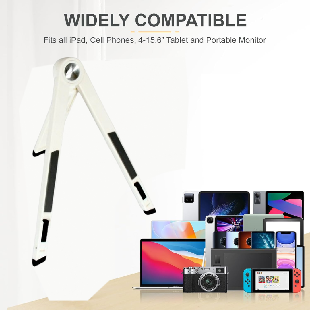 A white foldable stand with black grip pads is shown with various compatible electronic devices below it.