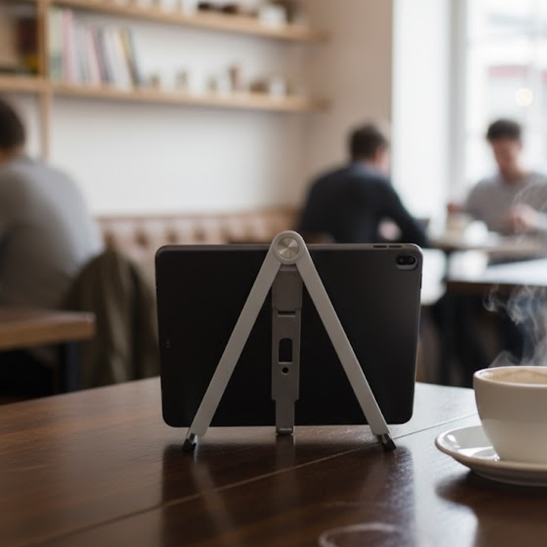 A gray foldable stand holds a dark tablet vertically on a wooden table in a cafe with a cup of coffee.