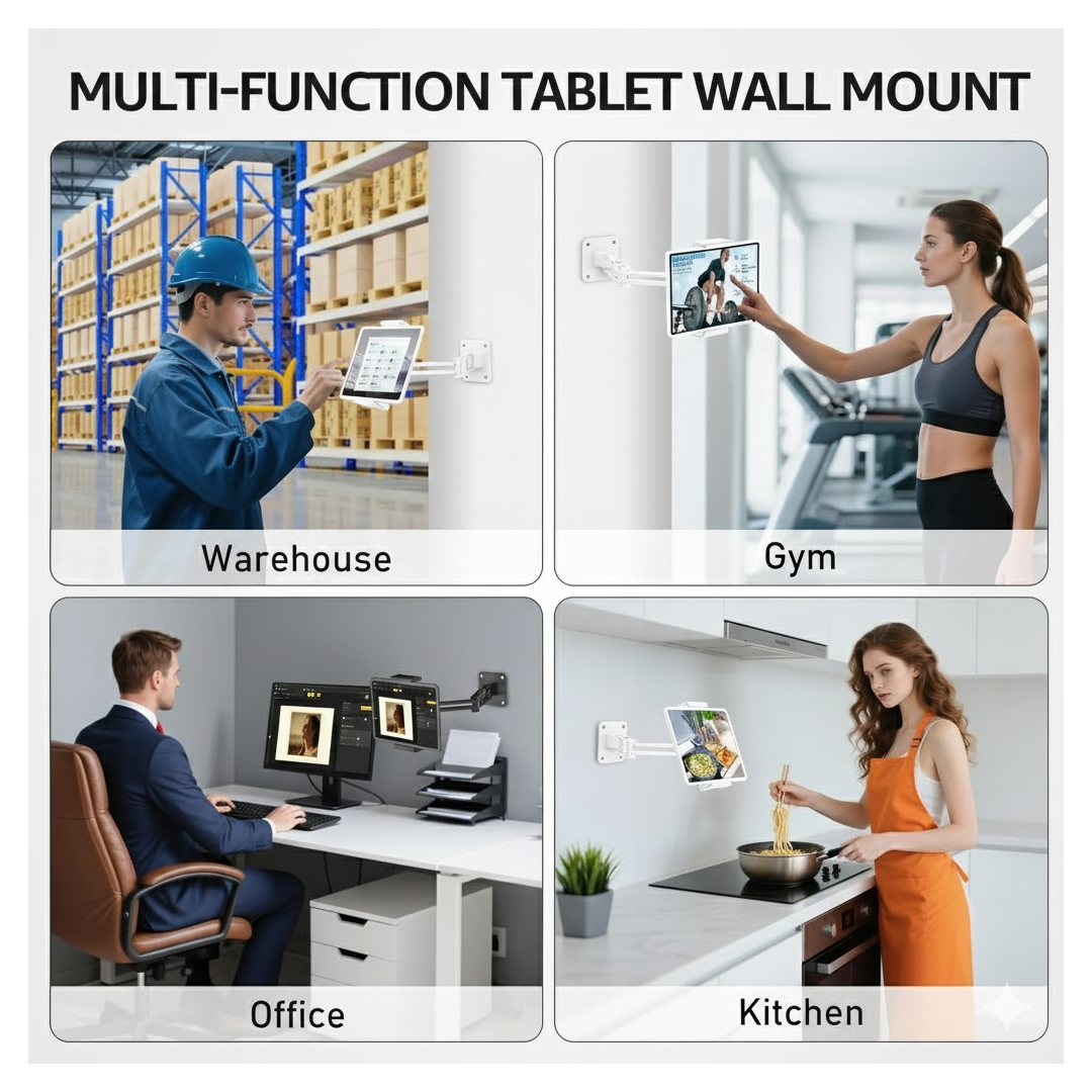 A collage shows a tablet wall mount being used in a warehouse, gym, office, and kitchen.