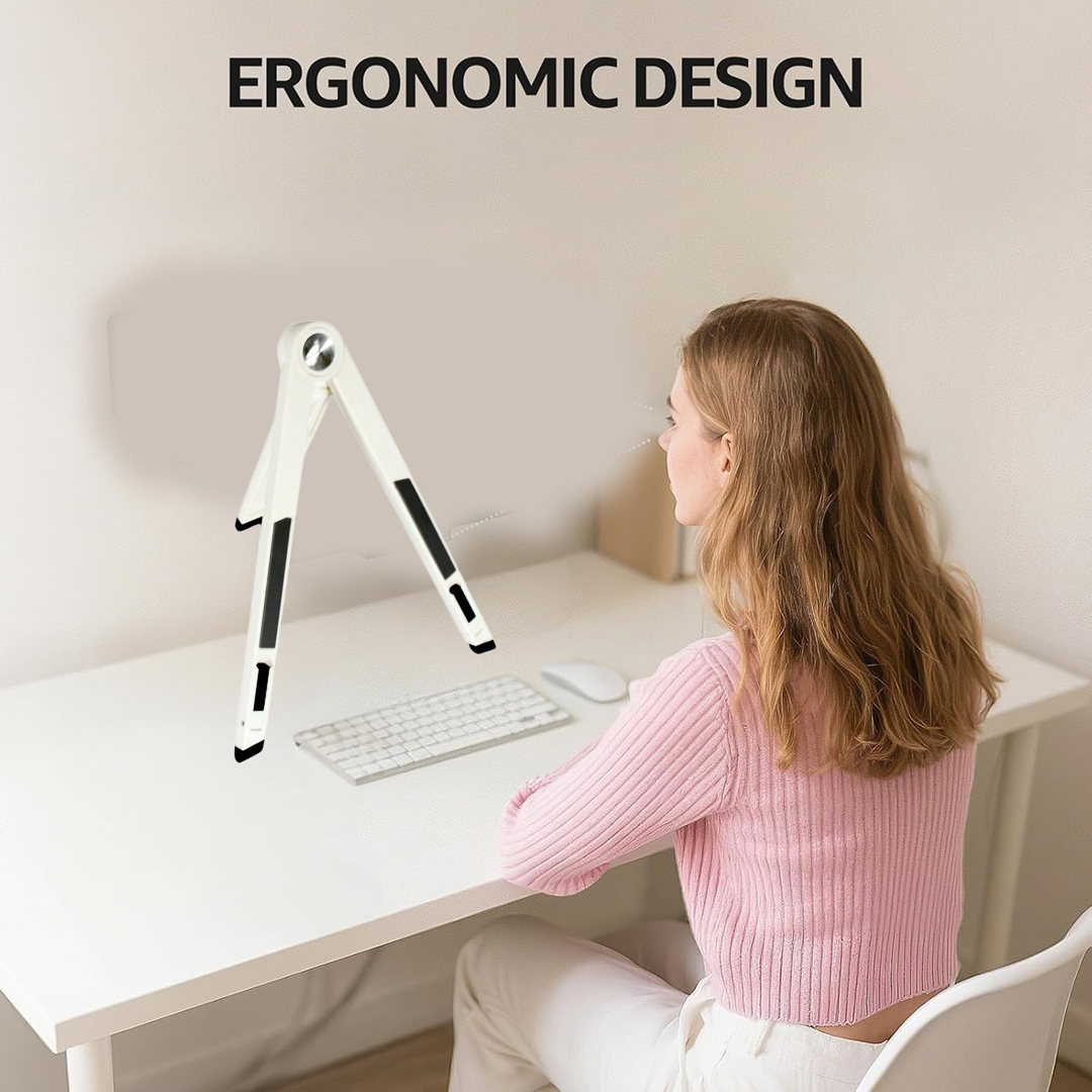 A white foldable stand floats above a white desk where a woman sits, illustrating ergonomic design.