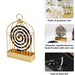 A gold metal birdcage-style holder with a black mosquito coil is shown alongside three inset images of its features.