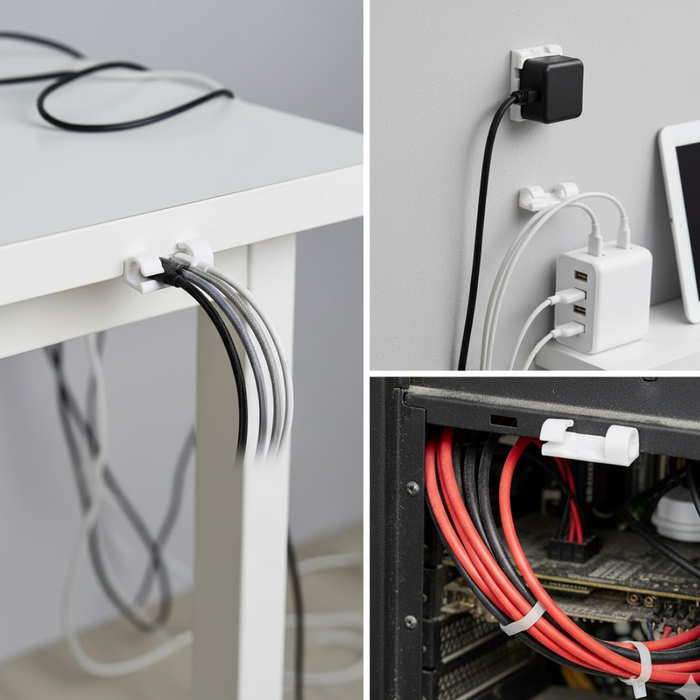 A collage of three images showing white cable clips organizing wires under a desk, on a wall, and inside a computer tower.