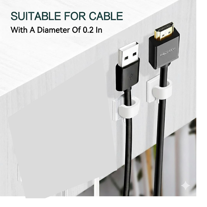 Two black cables, one with a USB and one with an HDMI connector, held by white clips on a white surface.