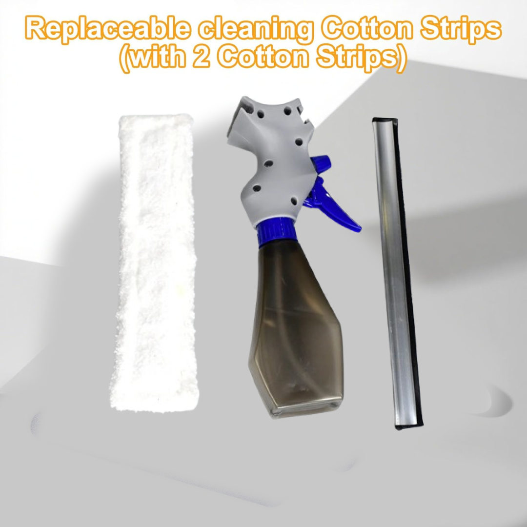 A white microfiber strip, a gray and blue spray bottle, and a silver squeegee blade on a gray background.