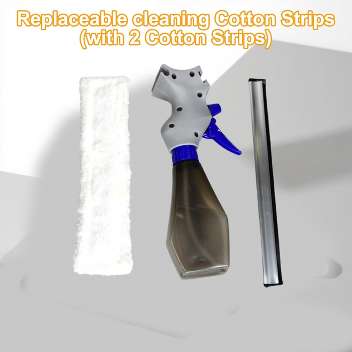 A white microfiber strip, a gray and blue spray bottle, and a silver squeegee blade on a gray background.