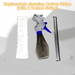 A white microfiber strip, a gray and blue spray bottle, and a silver squeegee blade on a gray background.