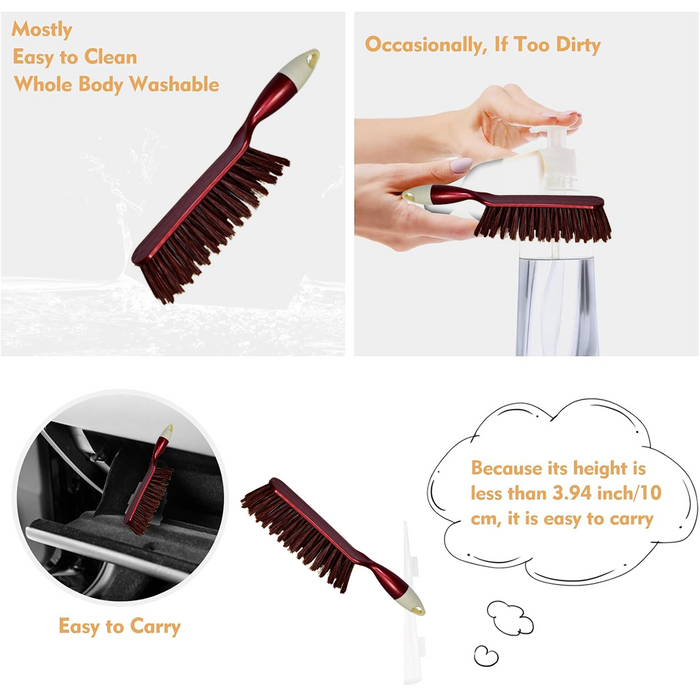 A four-panel image showing the brush being washed, cleaning a car interior, and a text bubble about its portability.