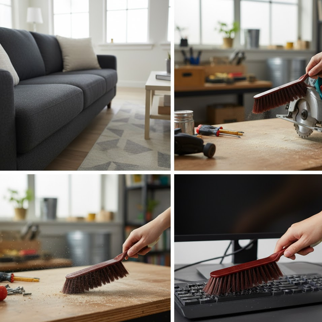 A four-panel image showing the brush cleaning a sofa, a workshop table, and a computer keyboard.