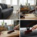 A four-panel image showing the brush cleaning a sofa, a workshop table, and a computer keyboard.