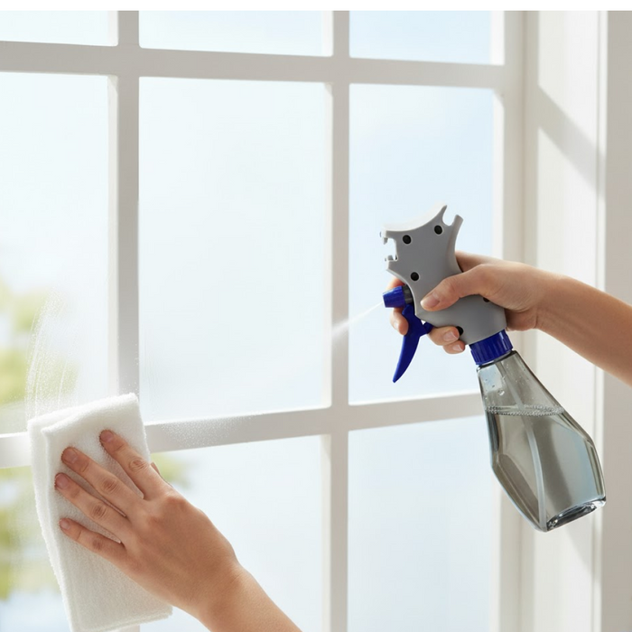 Two hands cleaning a window; one holds the spray bottle, the other wipes with a white microfiber cloth.