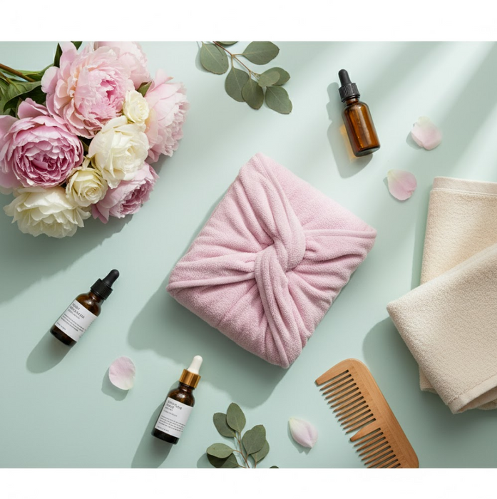 A pink microfiber hair towel wrap, folded into a square, is surrounded by flowers, essential oil bottles, and a wooden comb