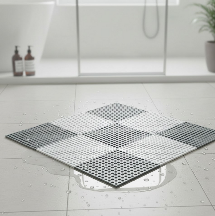 A checkerboard pattern of grey and white anti-slip mats on a wet tiled bathroom floor with a blurred background.