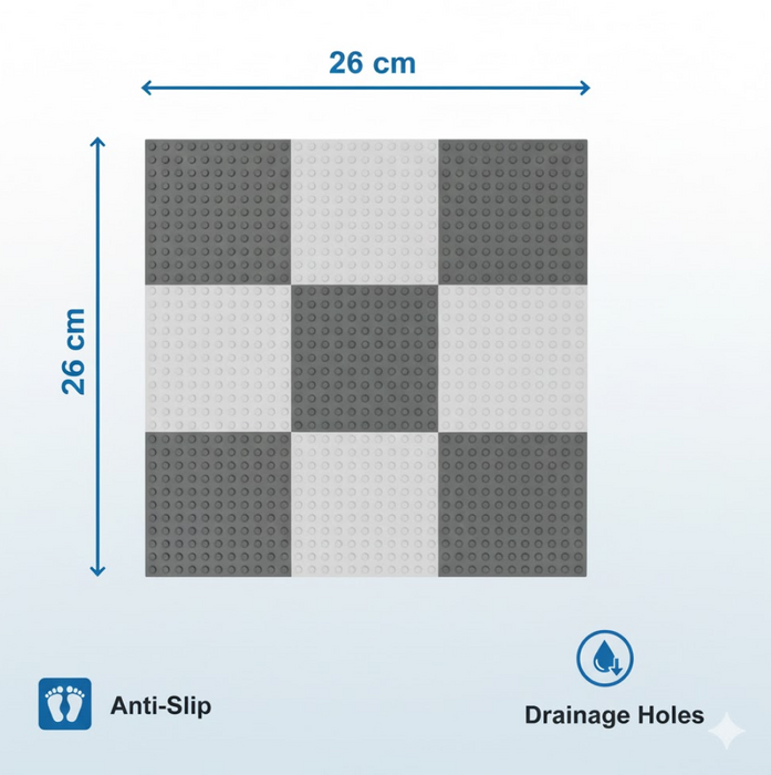 An illustration of a 26x26 cm checkerboard mat with anti-slip and drainage holes features.