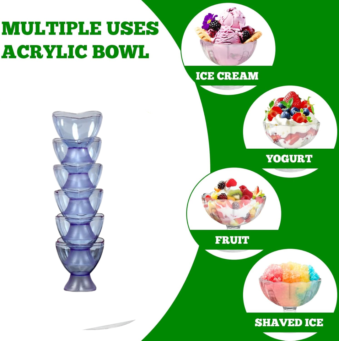 Infographic showing a stack of five blue acrylic bowls and examples of ice cream, yogurt, fruit, and shaved ice.