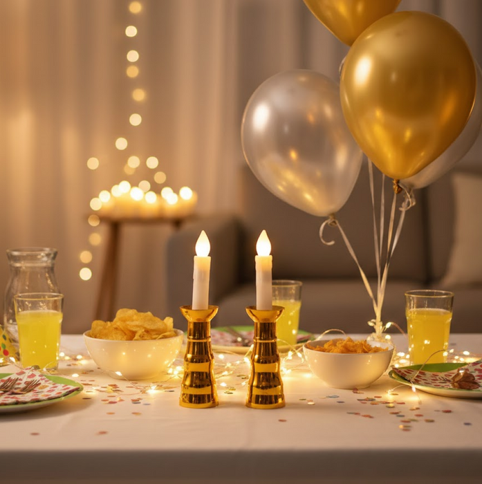 Two gold-based LED candles on a festive table with snacks, drinks, balloons, and string lights.