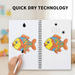A two-panel image demonstrates 'Quick Dry Technology' with a colorful fish drawing, showing water droplets on one side and
