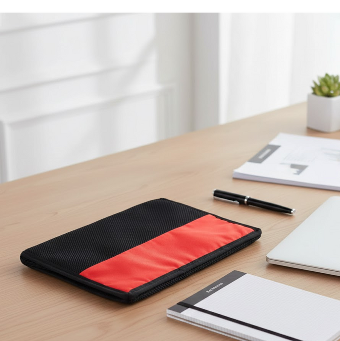 A black and red laptop sleeve rests on a wooden desk with a pen and notepad nearby.