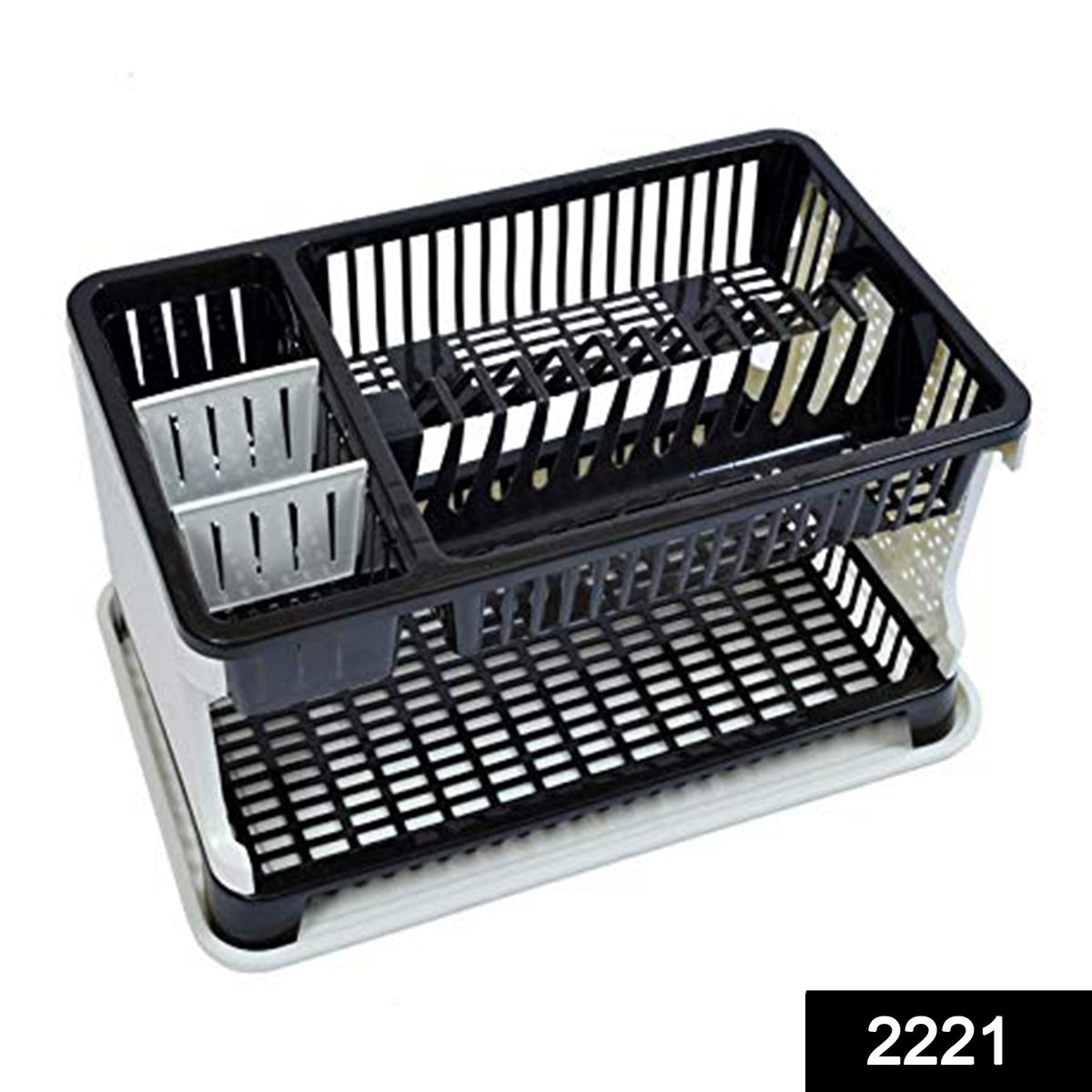 A black and white two-tier dish drying rack with a utensil holder and dish slots on a white background.