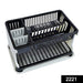A black and white two-tier dish drying rack with a utensil holder and dish slots on a white background.