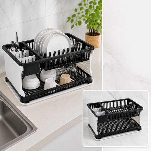 A black and white two-tier dish drying rack with dishes and utensils on a kitchen counter next to a sink.