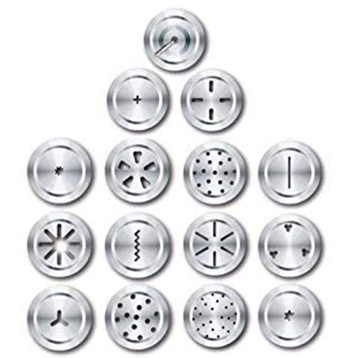 Close-up of the durable stainless steel kitchen press with various traditional snack jalis.