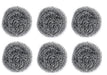 Close-up of a long-lasting round stainless steel scrubber in hand.