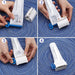 A four-panel image demonstrating how to insert a toothpaste tube into a white squeezer with a blue winding key.