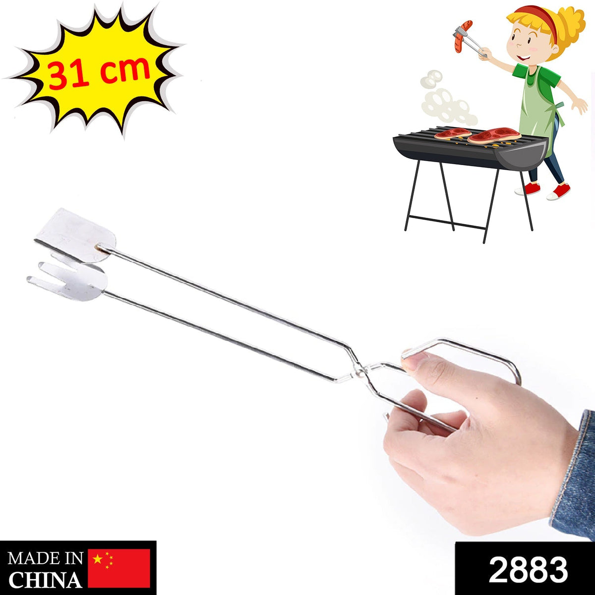 A hand holding the 31cm stainless steel tongs with an illustration of a person grilling sausages.