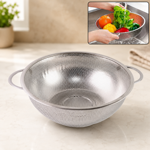 Stainless steel strainer bowl with small holes and two handles on a kitchen counter, with an inset showing it in use.