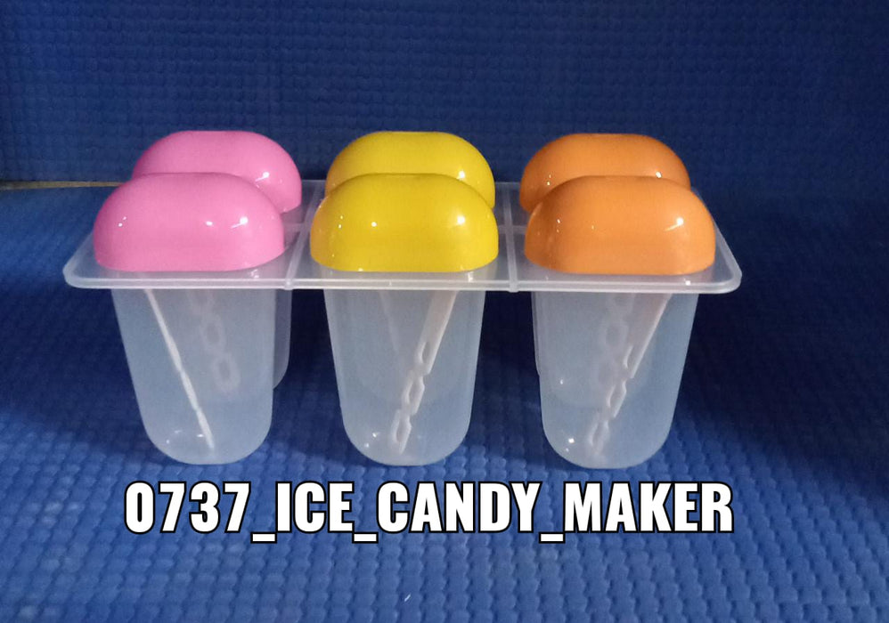 A 6-piece ice candy mold with pink, yellow, and orange tops is shown on a blue textured surface.