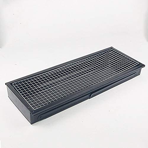The black portable charcoal grill shown in its compact, folded state, ready for storage or transport.
