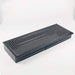 The black portable charcoal grill shown in its compact, folded state, ready for storage or transport.