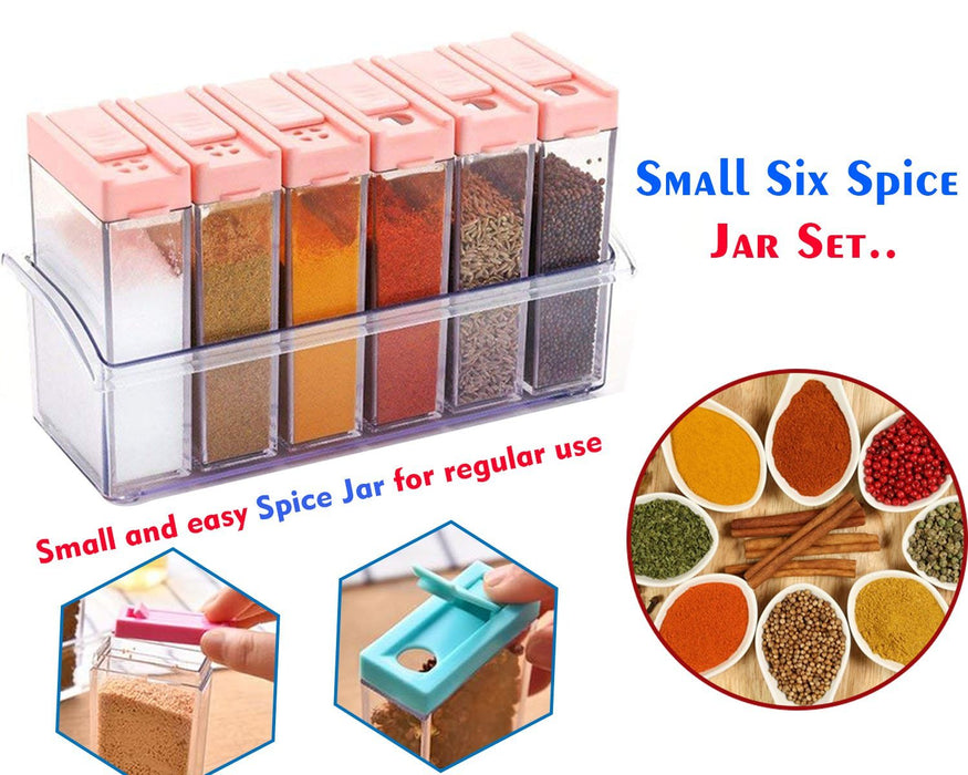 A collage of images showing the spice jar set, close-ups of the lid, and a circular arrangement of spices in bowls.