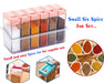 A collage of images showing the spice jar set, close-ups of the lid, and a circular arrangement of spices in bowls.