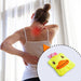 A woman with back pain, highlighted in red, with an inset of the yellow duck hot water bottle.