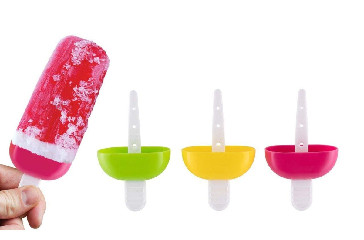 A hand holds a red popsicle next to three individual green, yellow, and pink popsicle tops and sticks.