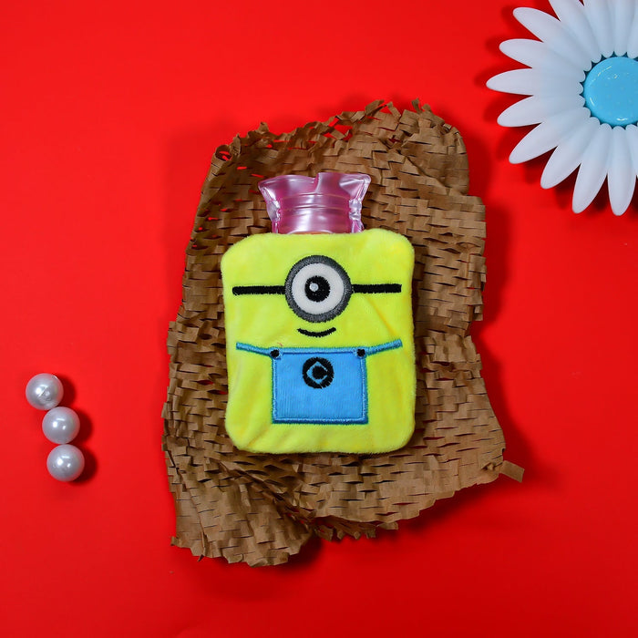 Front view of the Minions hot water bottle, providing warmth for hands and feet.