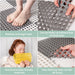 Four panels show feet on a mat, a hand cutting a mat, a woman holding a yellow mat, and hands stitching mats.