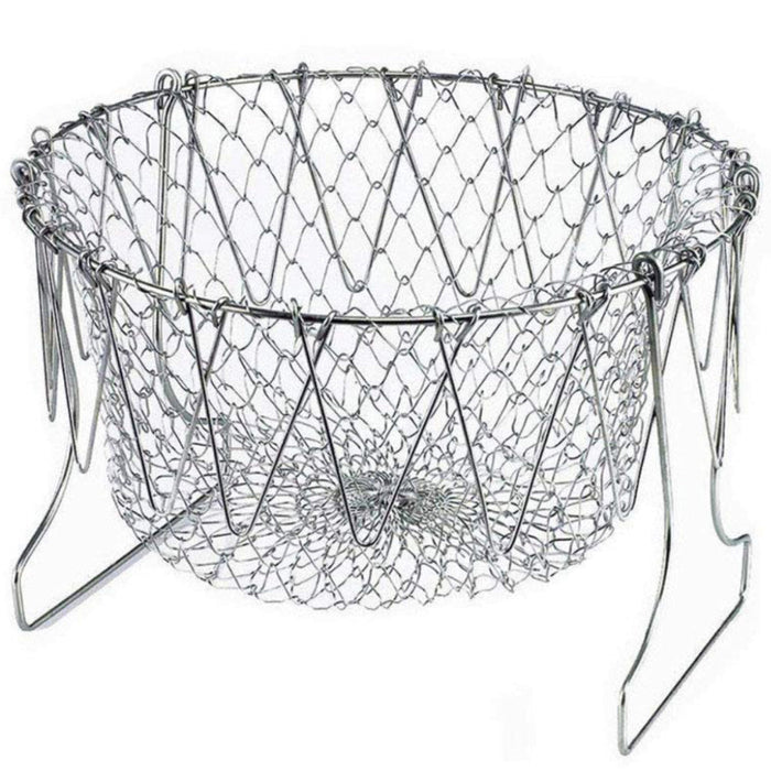 The sturdy stainless steel chef basket folded flat for convenient storage in a drawer.