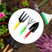 A circular inset displays a yellow fork, green cultivator, and red trowel, with gardening gloves and potted plants in the