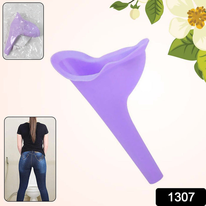 A purple silicone female urination device with an inset showing a woman from behind and another showing the device packaged