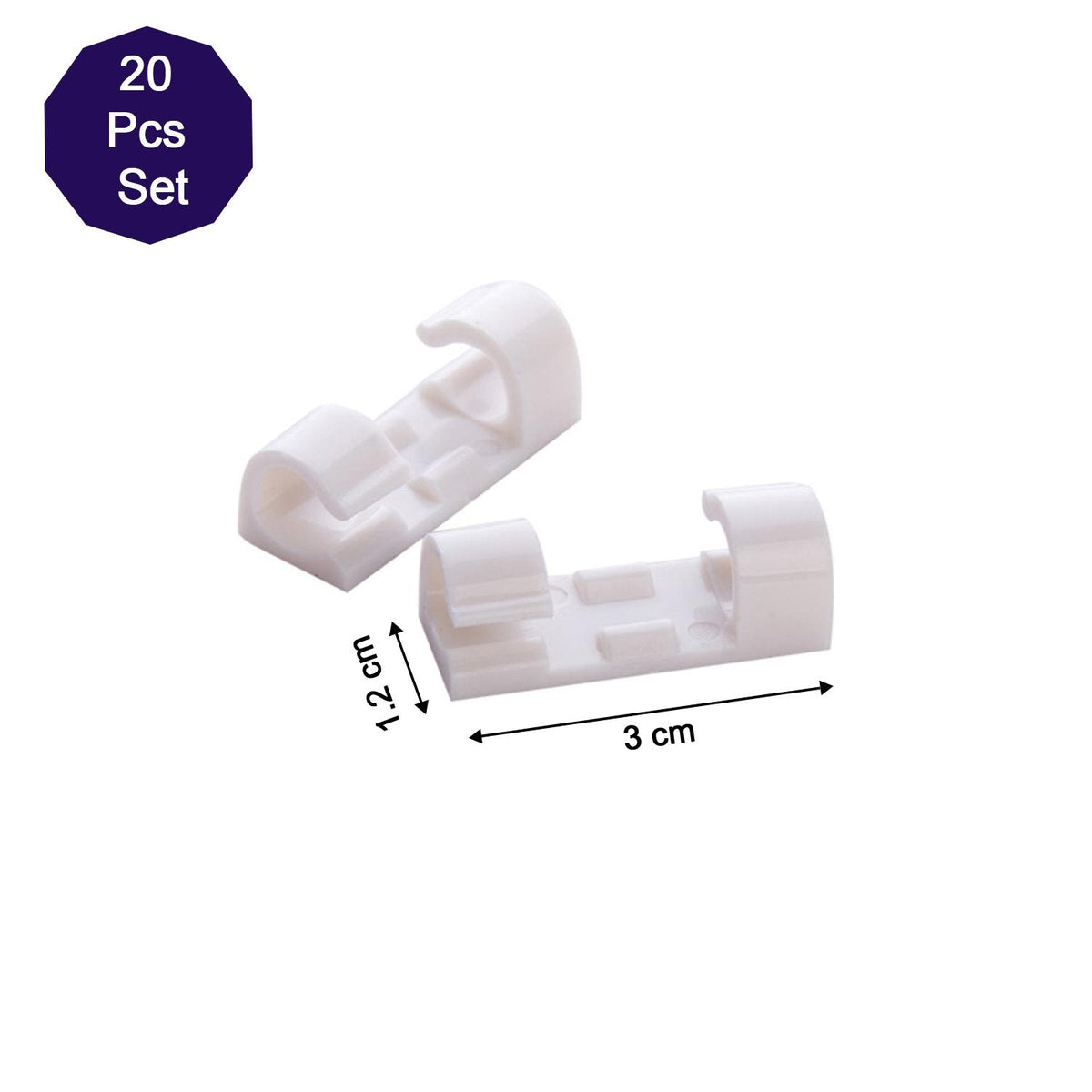 Two white plastic cable clips are shown with dimensions of 1.2 cm by 3 cm on a white background.