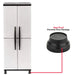 A white cabinet with black handles stands on two black support legs, with a red line connecting to a magnified leg.