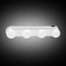 A white LED vanity light with four round bulbs is shown on a dark gradient background, with the light on.