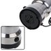 Close-up views show the black power button on the grinder's side and the vented black base with a power cord.