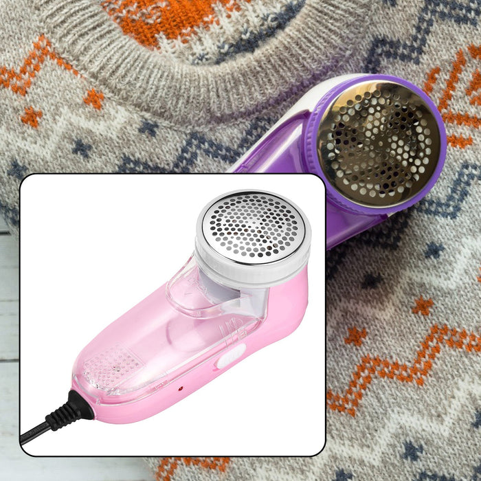 Pink corded lint remover in an inset, with a purple lint remover on a grey patterned sweater.